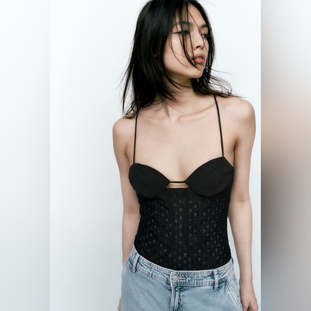🌞Zara Lace Bodysuit Corset Cut Out  Openwork Embroidery NWOT M